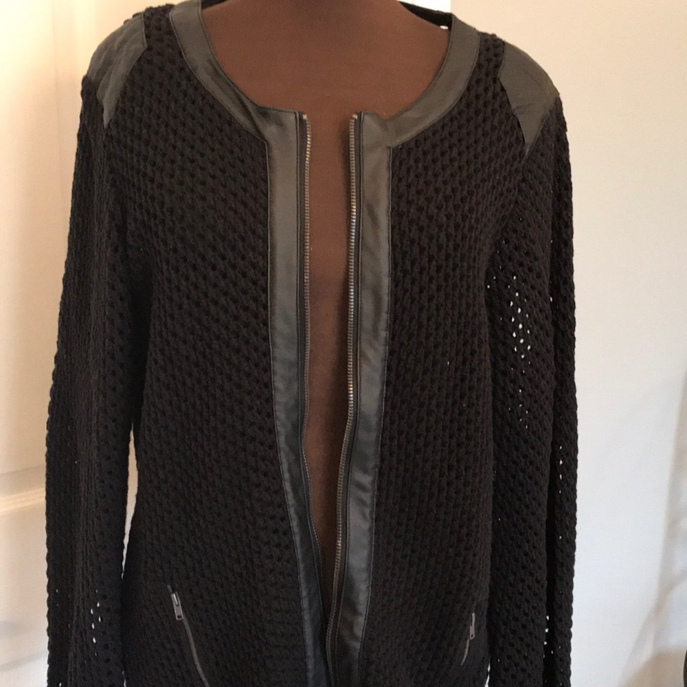 Black open weave cardigan with zip closure